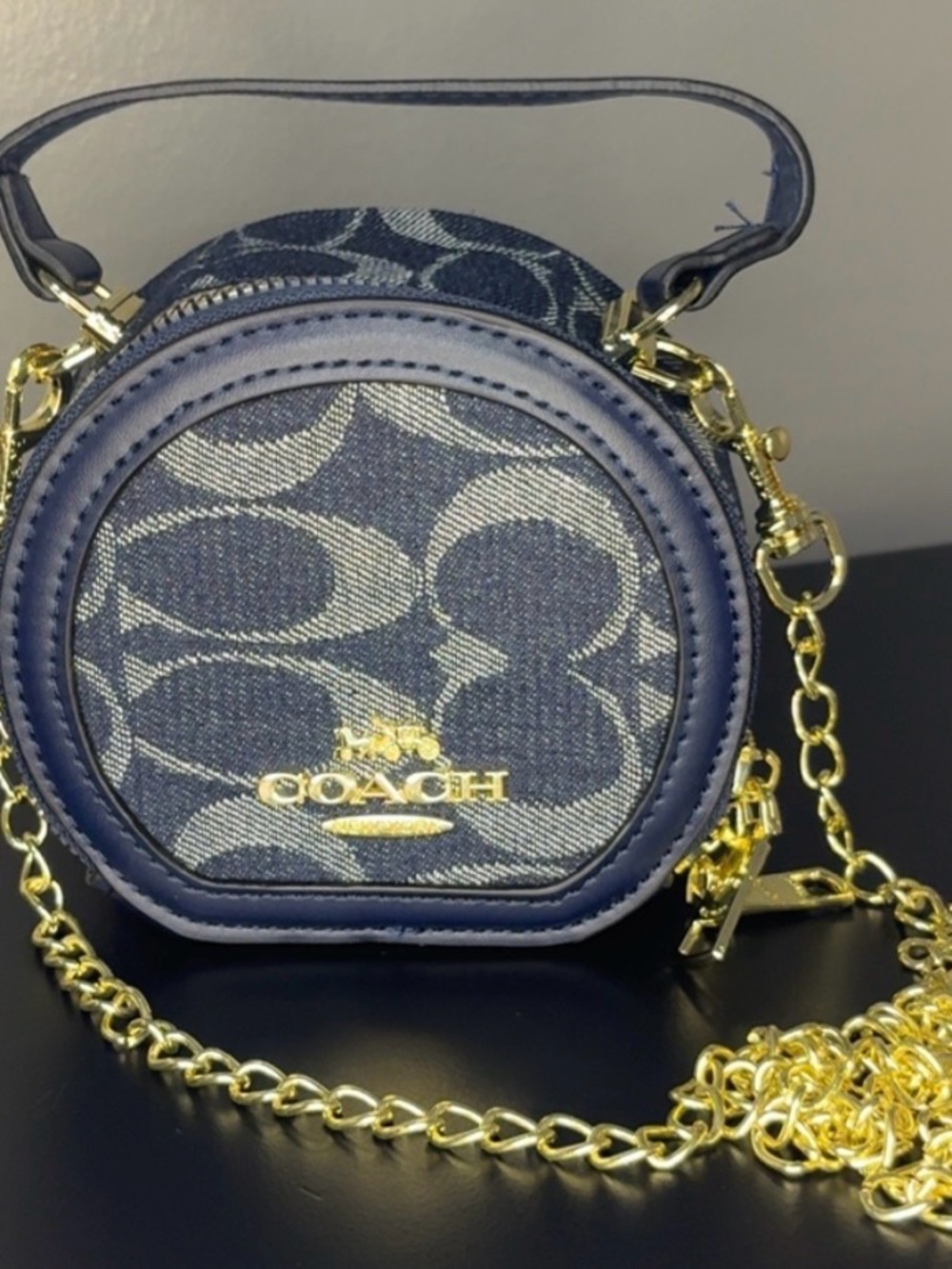 Coach Navy Signature Round Mini Crossbody with Gold Hardware